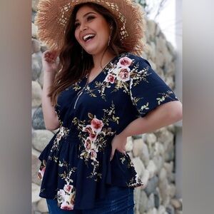 🌺 CHIFFON FLORAL PRINT Blouse Boho Peplum Shirred Ruffle Hem Plus Size 4X
